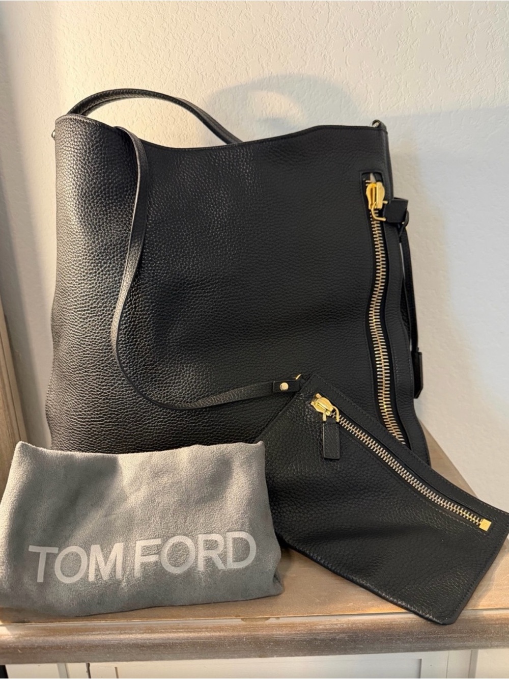 Authentic Tom Ford Alix Black Leather Shoulder Bag with Gold Zip